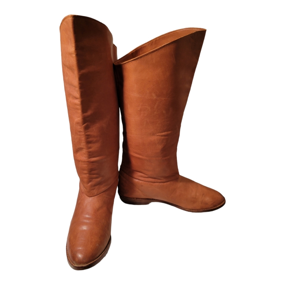 Vintage Mid Calf Genuine Leather Boots/ Size 7 B Pirate Cut Pull On Boots 80s By